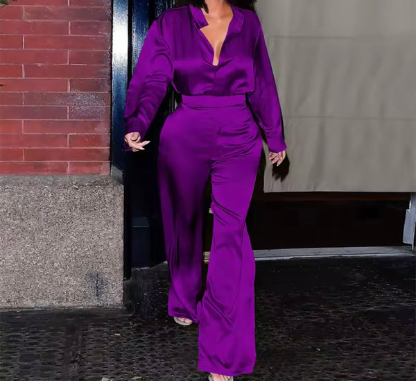 Women Color Satin Full Sleeve Two Piece Fashion Pant Set