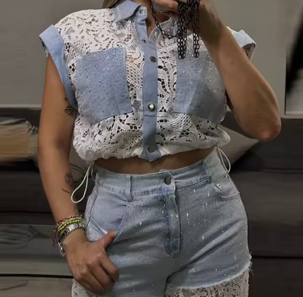 Women Fashion Denim Lace Patchwork Two Piece Pant Set