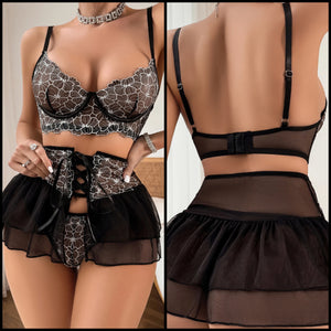 Women Sexy Black Printed Ruffled Mesh Lingerie Set