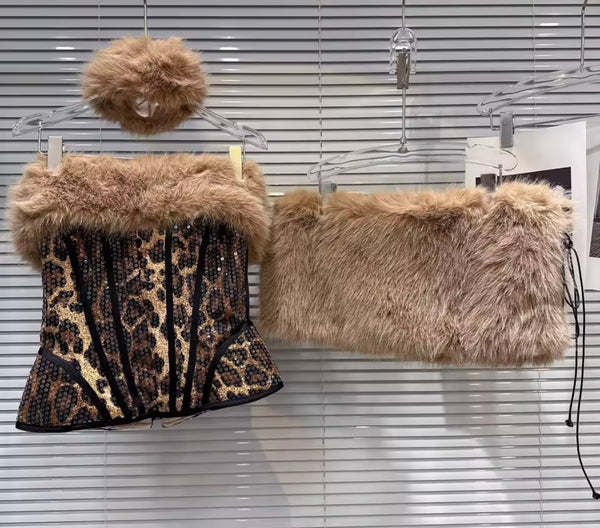 Women Sexy Sequins Leopard Faux Fur Three Piece Skirt Set