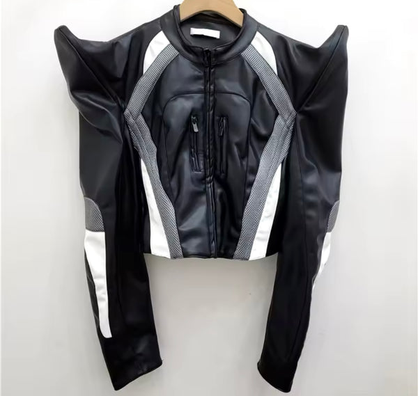 Women Fashion Zip Up Faux Leather Short Jacket