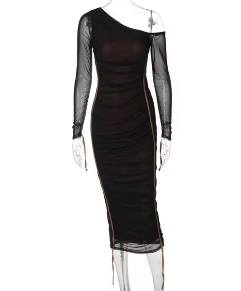 Women Sexy Full Sleeve Striped Mesh Maxi Dress