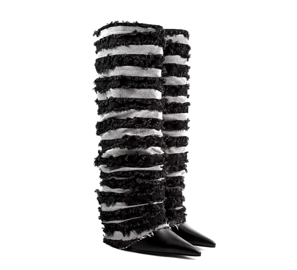 Women Pointed Toe Color Patchwork Fringe Platform Boots
