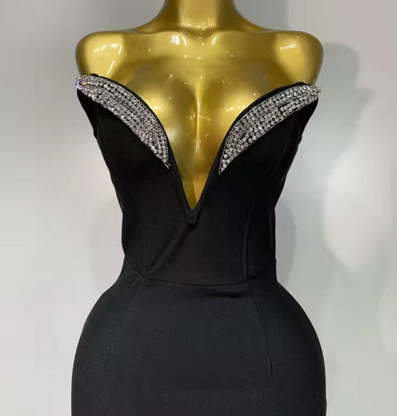 Women Black Strapless V-Neck Bling Bandage Sexy Maxi Dress