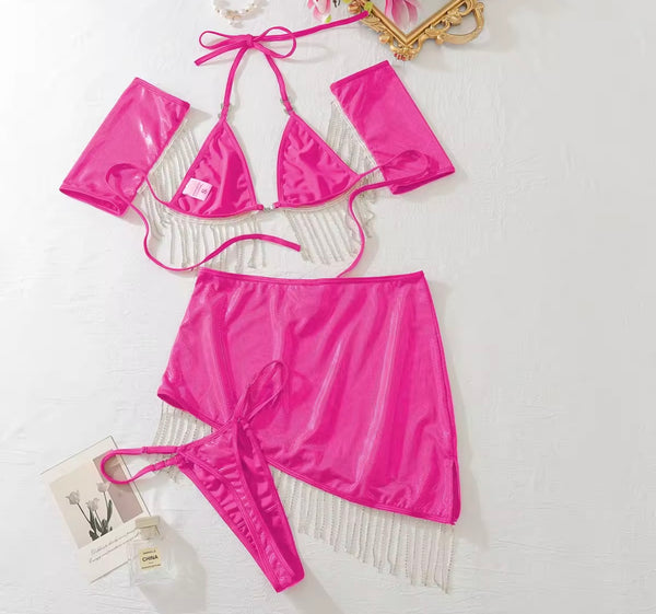 Women Sexy Pink Bling Tassel Five Piece Lingerie Set