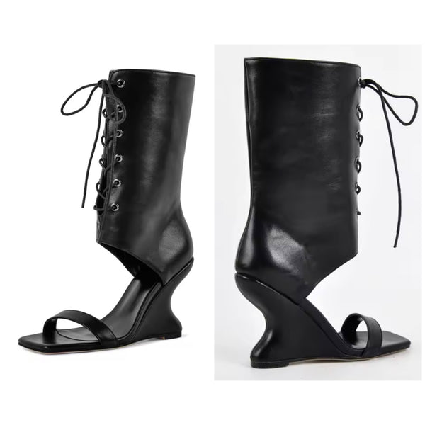 Women Fashion Open Toe Platform Wedge Tie Up Ankle Boots