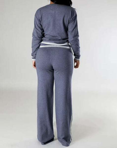 Women Solid Color Striped Patchwork Full Sleeve Two Piece Pant Set