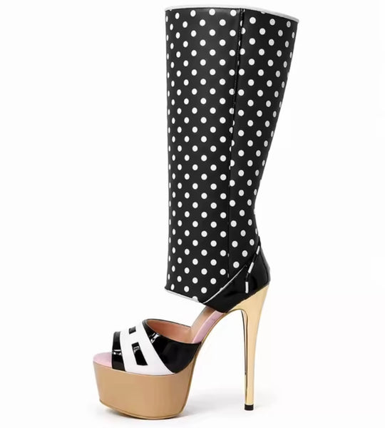 Women Fashion Open Toe B&W Polka Dot Platform High Heel Boots
