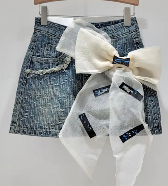 Women Sexy Short Bow Denim Skirt