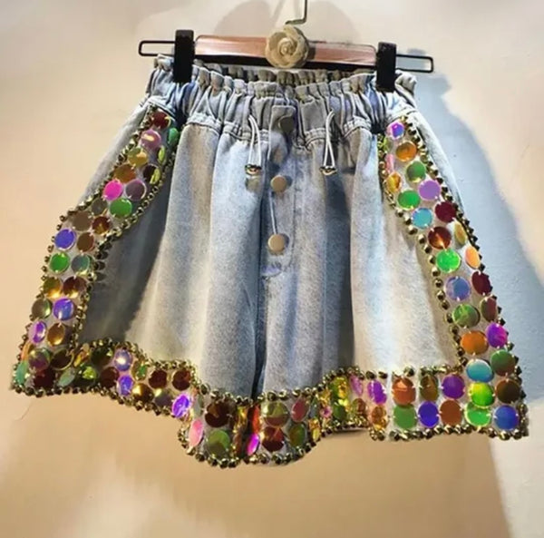 Women Fashion Colorful Gem Denim Shorts