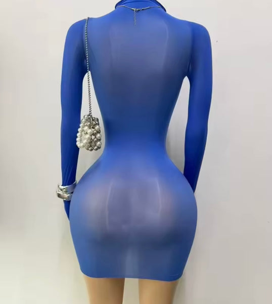 Women Sexy Blue See Through Glove Full Sleeve Mesh Dress