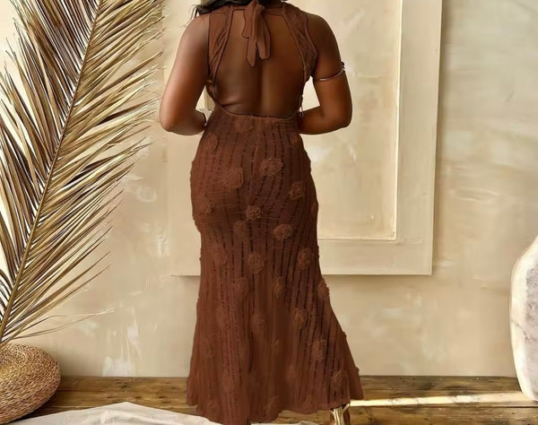Women Sexy Sleeveless Solid Color Floral Maxi Dress