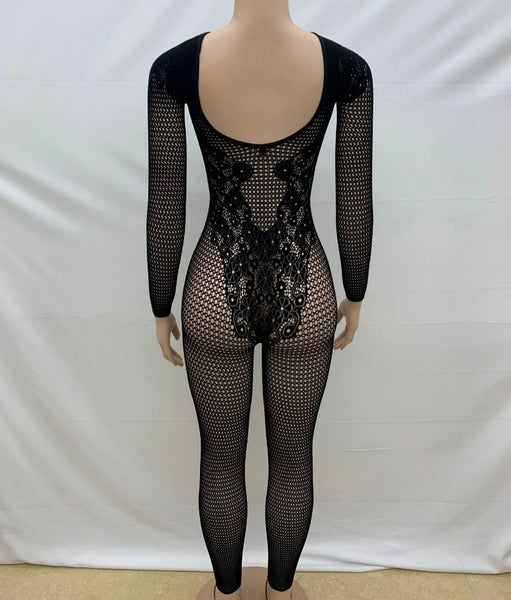 Women Black Sexy Full Sleeve See Through Jumpsuit