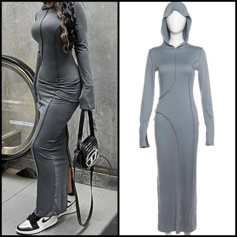 Women Solid Color Fashion Full Sleeve Hooded Maxi Dress