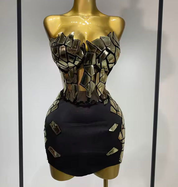 Women Sexy Metallic Color Patchwork Strapless Dress Jacket Set
