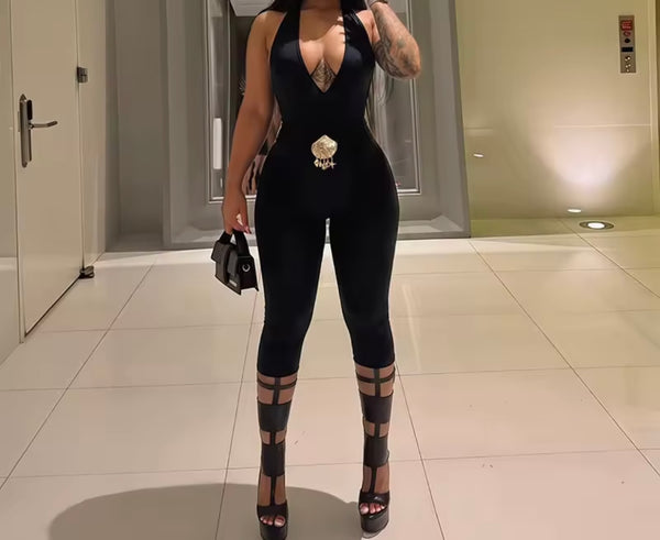 Women Halter Sleeveless Metal Sexy Capri Jumpsuit