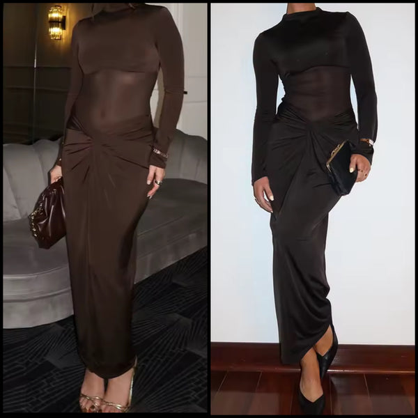 Women Sexy Mesh Patchwork Full Sleeve Ruched Maxi Dress