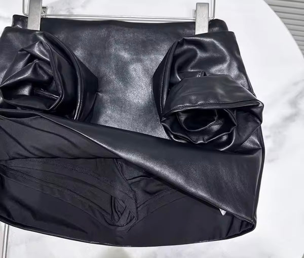 Women Black Faux Leather Button Up Fashion Two Piece Skirt Set