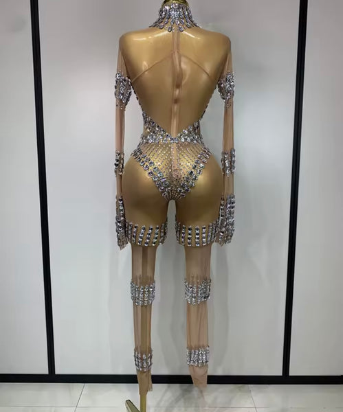 Women Sexy Fashion Rhinestone Mesh Full Sleeve Jumpsuit