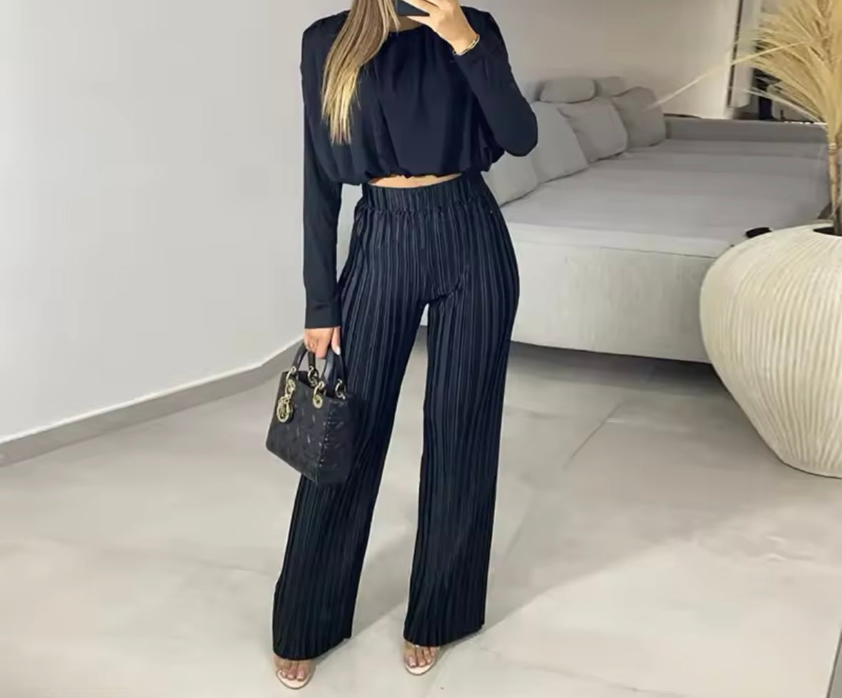 Women Fashion Full Sleeve Two Piece Pleated Pant Set