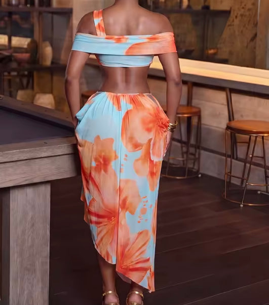Women Sexy Orange Floral One Shoulder Dress
