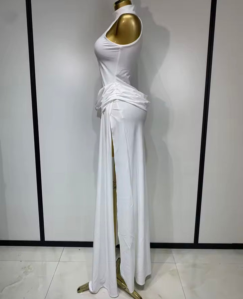 Women Sexy Sleeveless Solid Color Ruched Side Split Maxi Dress
