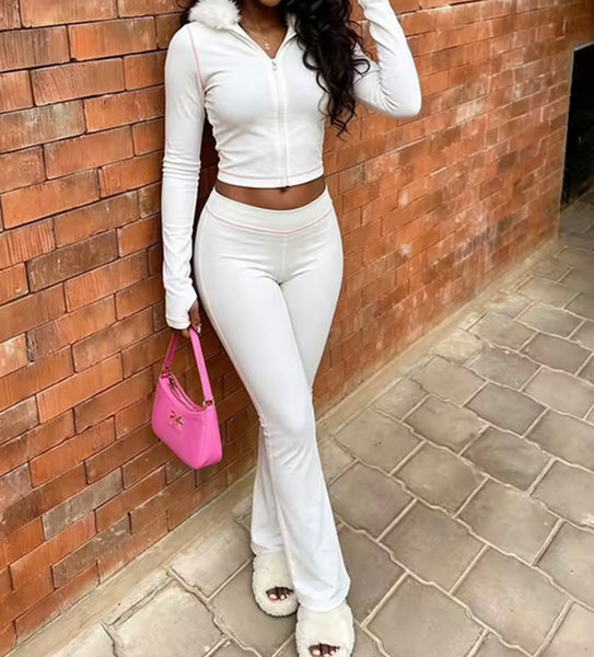 Women Fur Hooded Zip Up Two Piece Tracksuit Pant Set
