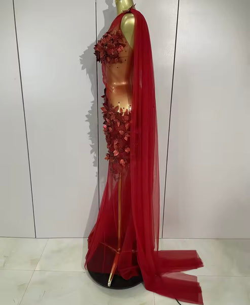 Women Sexy One Shoulder Sleeveless 3D Floral Mesh Maxi Dress