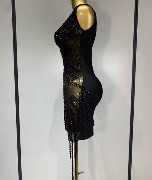 Women Sexy Sleeveless Sparkly Rhinestone Mesh Dress