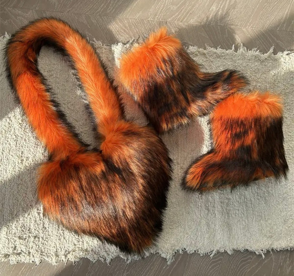 Women Fashion Faux Fur Ankle Boots Heart Handbag Set