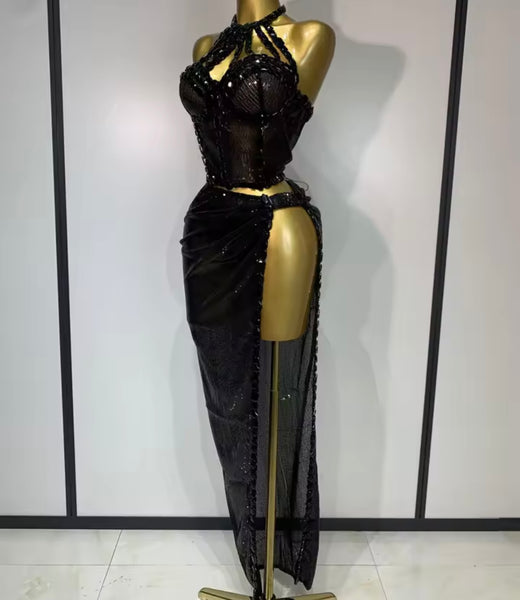 Women Sexy Halter Sleeveless Sequins Crystal Two Piece Maxi Skirt Set
