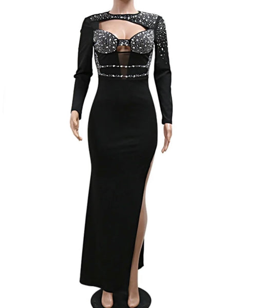 Women Sexy Bling Cut Out Full Sleeve Side Split Maxi Dress