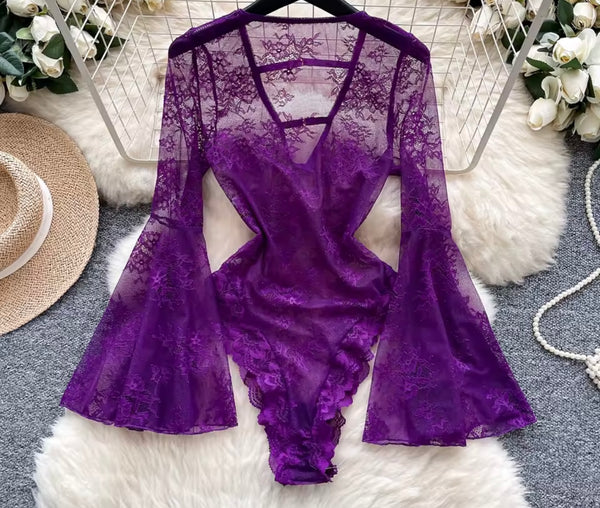 Women Sexy Fashion Lace Full Sleeve Bodysuit Top