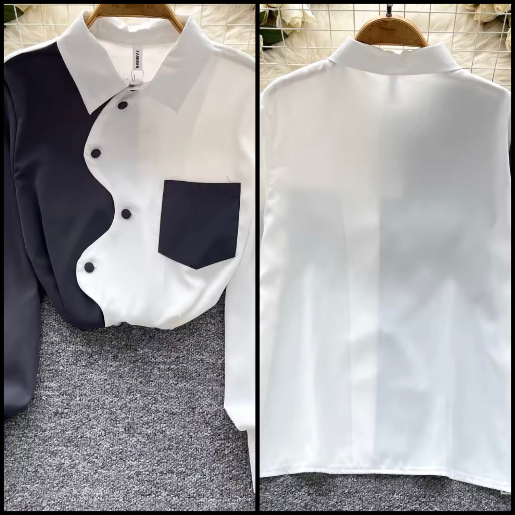 Women Button Up Full Sleeve Color Patchwork Mesh Top