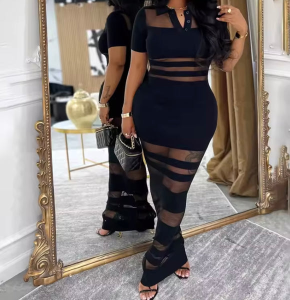 Women Sexy Short Sleeve Solid Color Mesh Patchwork Maxi Dress