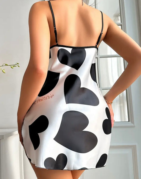 Women Sexy Love Heart Print Sleeveless Satin Nightgown