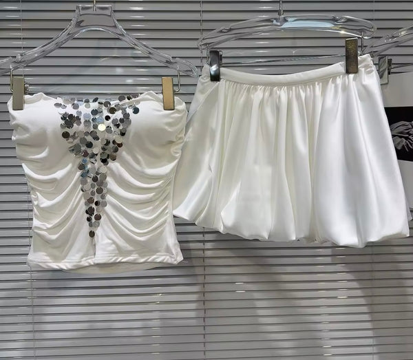 Women Sexy Strapless Sequins Patchwork Two Piece Skirt Set