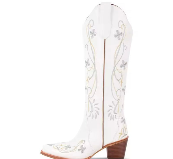 Women Fashion Color Floral Print Knee High Western Boots