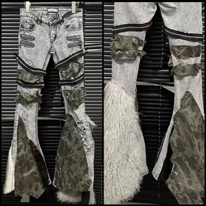 Women Gray Fashion Fur Zipper Printed Patchwork Denim Pants