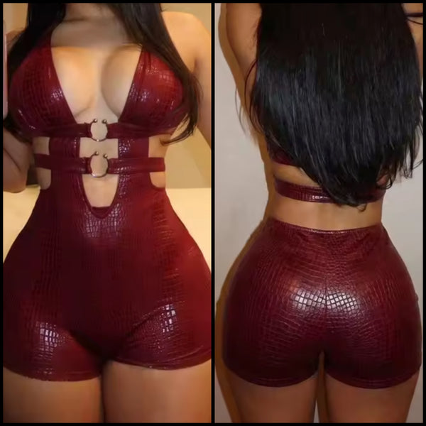 Women Sexy Burgundy PU Halter Sleeveless Cut Out Romper