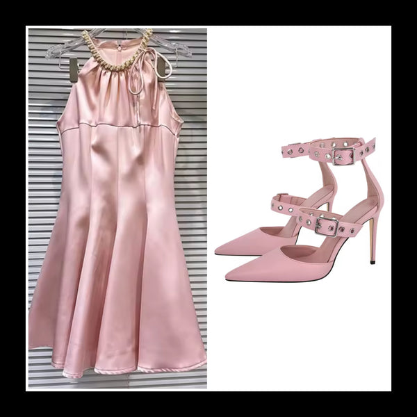 Women Rhinestone Sleeveless Satin Sexy Dress