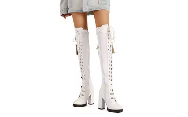 Women Fashion Pocket Buckled Lace Up Platform Knee High Boots