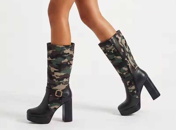 Women Color Camouflage Buckle Knee High Boots