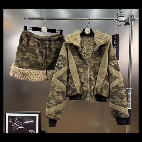 Women Camouflage Faux Fur Patchwork Two Piece Skirt Set
