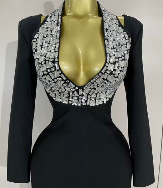 Women Black Rhinestone Halter Full Sleeve Sexy Maxi Dress