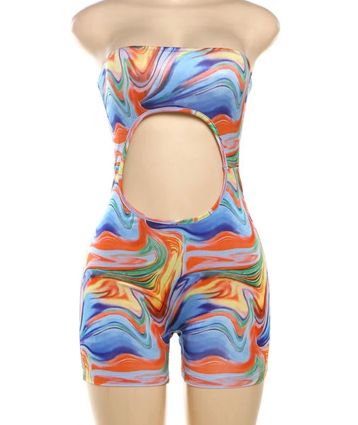 Women Sexy Strapless Multicolored Print Cut Out Romper
