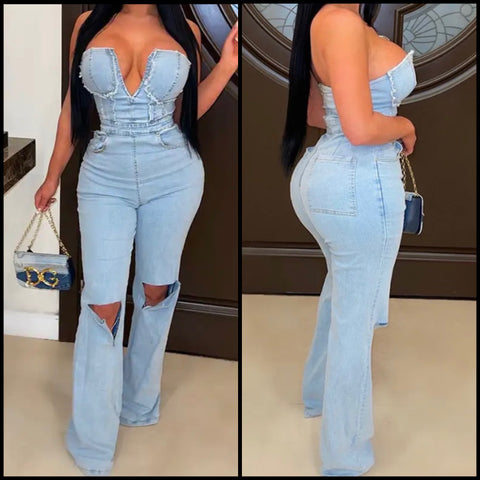 Women Strapless Ripped Fashion Denim Jumpsuit
