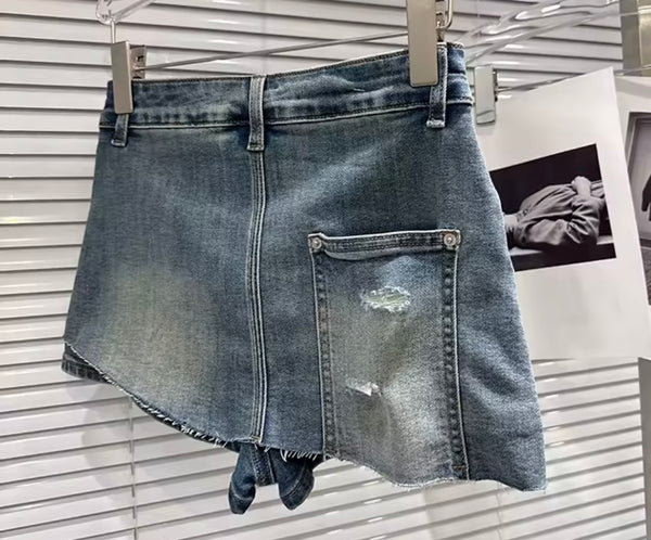 Women Sexy Fashion Ripped Asymmetrical Denim Skirt