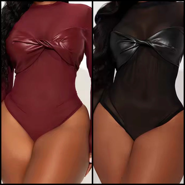 Women PU Mesh Full Sleeve Fashion Bodysuit Top