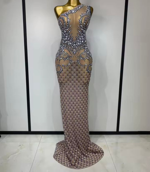 Women Sexy Mesh One Shoulder Sleeveless Rhinestone Maxi Dress